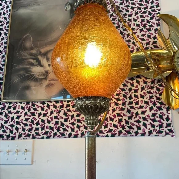 Vintage swag lamp large crackled amber glass Hollywood regency teardrop - Picture 6 of 9